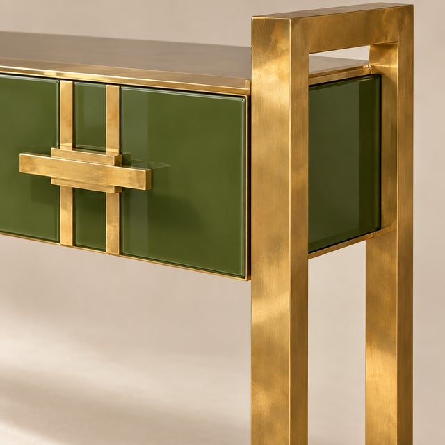 Olive Green Murano Glass Console Table with Brass Accents from Justfurnituress SRL For Sale - Image 6 of 11