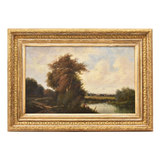 River Landscape with Fishermen, 19th Century, Oil Painting on Canvas, Framed For Sale - Image 12 of 12