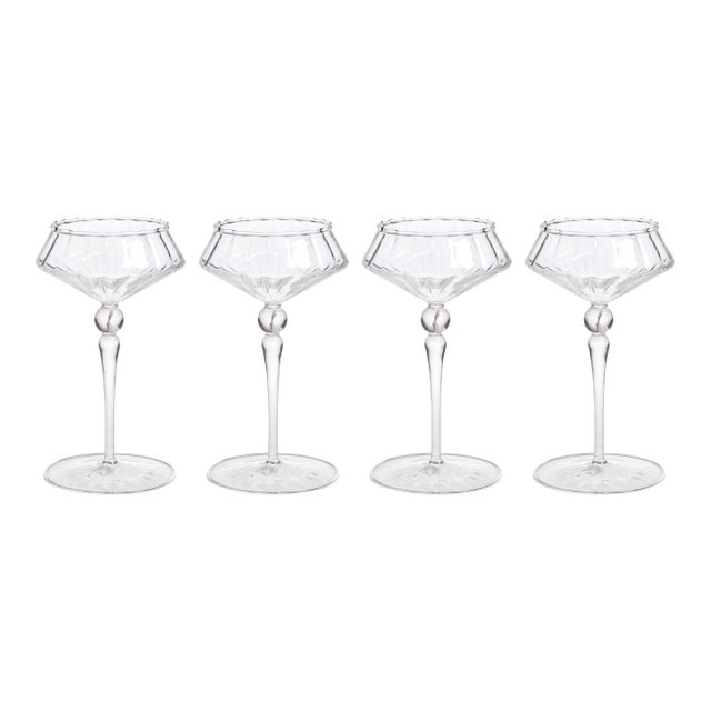 Ondine 4-Piece Set Fluted Coupe Glasses, Clear with Powder Pink Accent For Sale