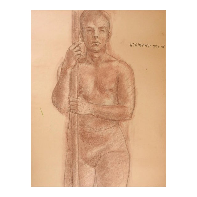 Vintage 1950s Charles Normann Male Sepia Tone Drawing For Sale