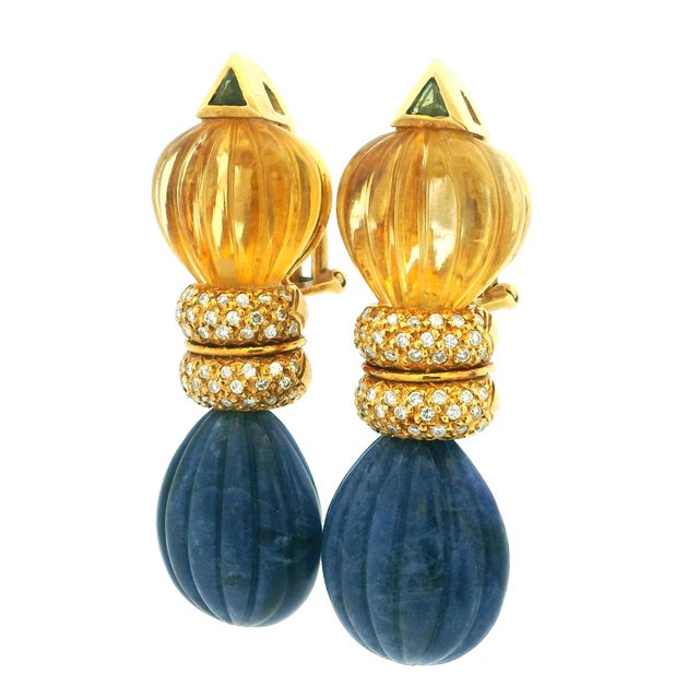 1980s Italian Carved Lapis Topaz Diamond 18k Gold Drop Earrings, Pair For Sale - Image 14 of 17