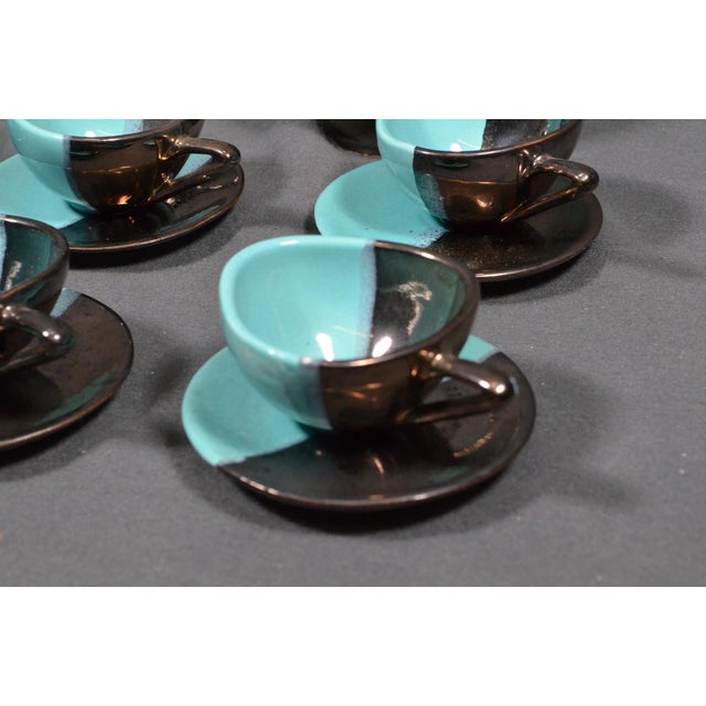 Modern Mid 20th Century Vallauris – Black and Turquoise Blue Faience Coffee Set - 15 pcs For Sale - Image 3 of 18