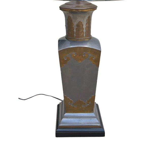 Vintage Chinoiserie Pewter and Brass Urn Table Lamp With Snakeskin Embossed Shade For Sale - Image 4 of 13