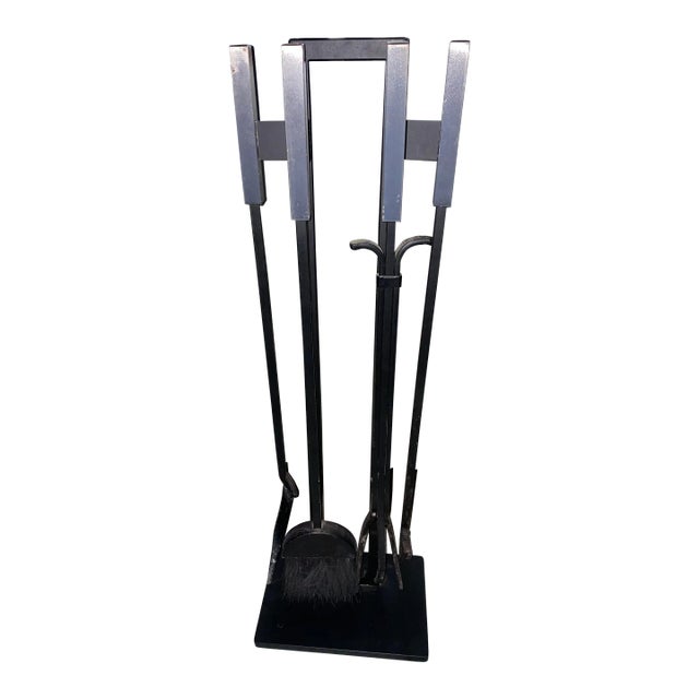 1970s Pilgrim Black Iron With Stainless Steel Handles Modern Fire Tool Set- 5 Pieces For Sale
