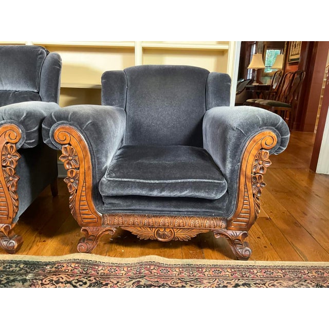 Beautiful Pair of Vintage 19th-Century Style Mahogany and Velvet Empire Revival Armchairs. These feature gorgeous, hand-...