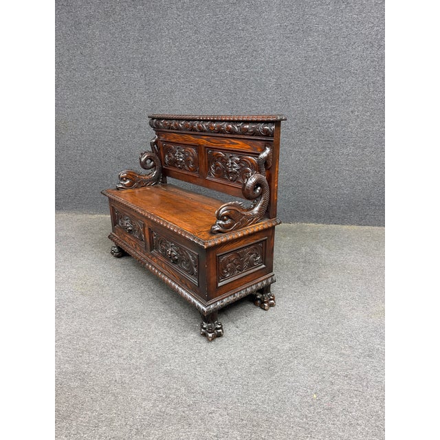 Rj Horner Style American Carved Quarter Sawn Oak Hall Bench With Lift Seat Storage For Sale - Image 10 of 12