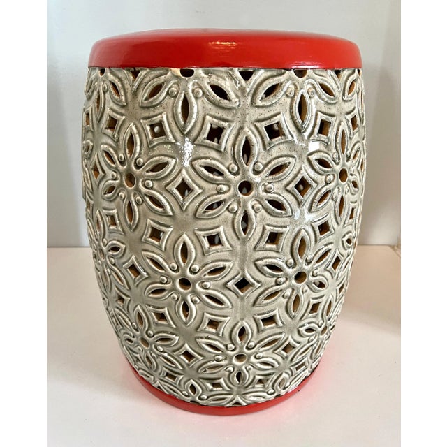 Mid 20th Century Orange Top Ceramic Detailed Garden Stool or Side Table For Sale - Image 5 of 13