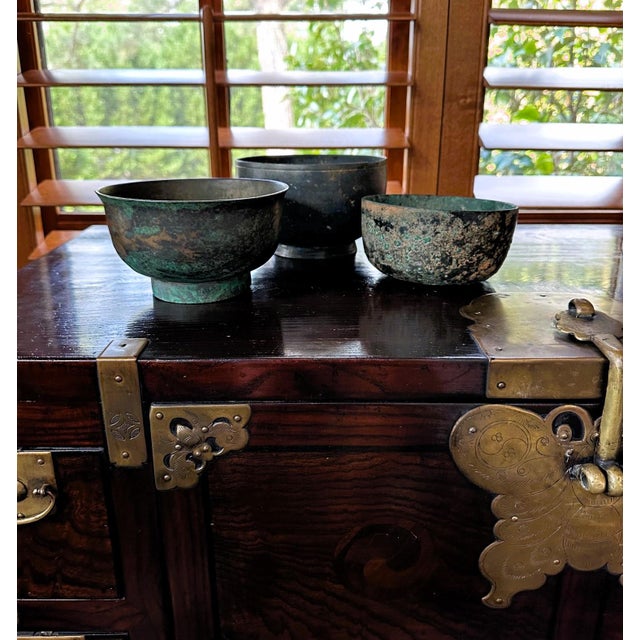 Metal Collection of Three Korean Antique Bronze Bowls For Sale - Image 7 of 12