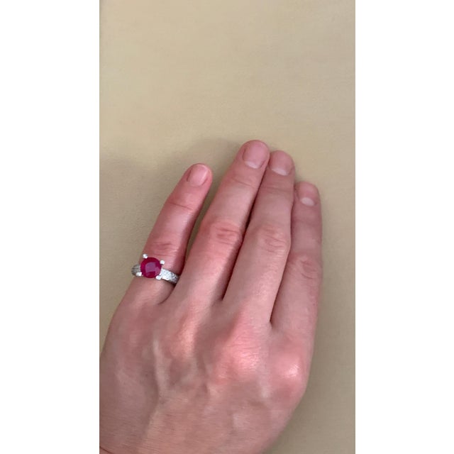 Ruby Red 2 Carat Round Treated Ruby and Diamond Platinum Ring For Sale - Image 8 of 18