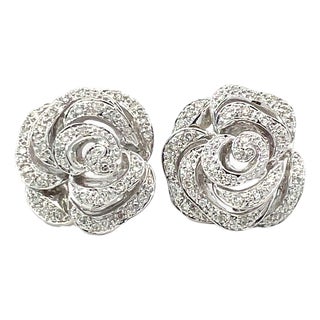14k White Gold Petal-Layered Diamond Rose Earrings, A Pair For Sale