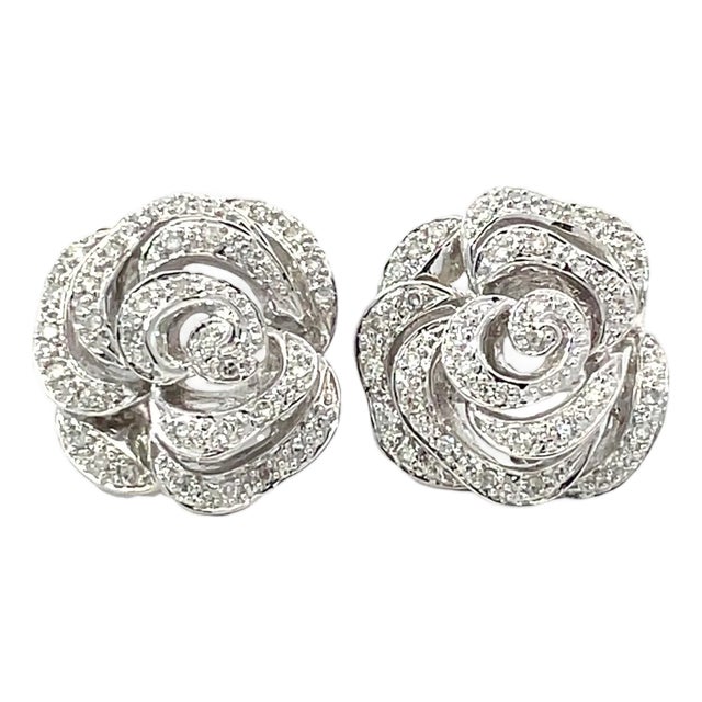 14k White Gold Petal-Layered Diamond Rose Earrings, A Pair For Sale