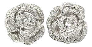 14k White Gold Petal-Layered Diamond Rose Earrings, A Pair