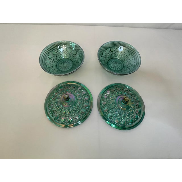 Mid-Century Modern Set of 2 Vintage Imperial Glass Button & Cane Lidded Dish For Sale - Image 3 of 7