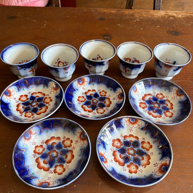 Antique Gaudy Welsh Crescent Pinwheel Flow Blue Cups & Saucers, Set of 5, Circa 1840s For Sale - Image 11 of 12