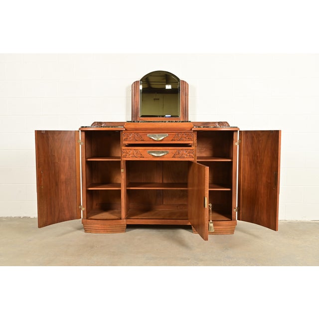1930s French Art Deco Carved Walnut Marble Top Sideboard or Bar Cabinet, Circa 1930s For Sale - Image 5 of 13