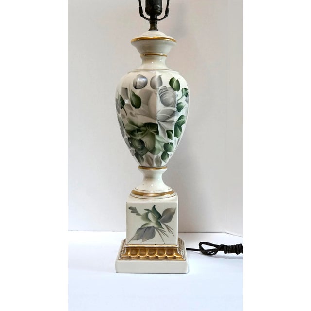 Mid 20th Century Signed Hand Painted Porcelain Mid 20th Century White, Green and Gilt Lamp For Sale - Image 5 of 13
