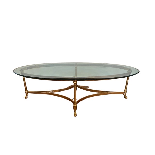 LaBarge Mid-Century Modern Oval Brass & Glass Coffee Table with Hoof Feet – Vintage Brass Cocktail Table Introduce...