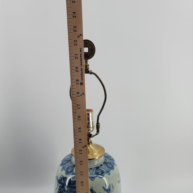 1970s Vintage Chinese Blue and White Dragon Porcelain Ginger Jar Table Lamp | Wood Base | Coin Finial For Sale - Image 5 of 5