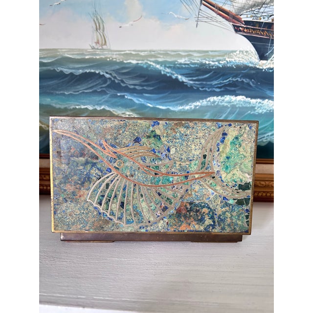 Midcentury Mexican Style Mixed Metal & Stone Mosaic Sailfish Box For Sale In Naples, FL - Image 6 of 10