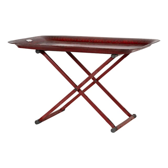 An Antique Painted Tole Tray on Stand For Sale