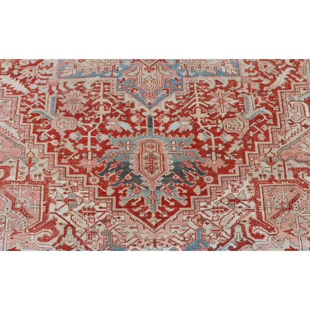 Antique Persian Heriz Rug With Central Medallion in Red and Blue 9'7 X 12'10 For Sale - Image 14 of 16