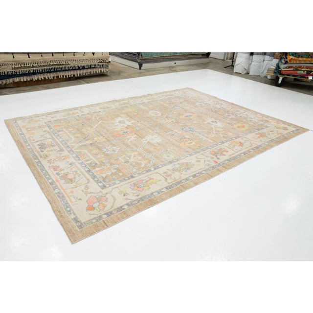 Light Brown Modern Turkish Oushak Wool Rug With Floral Design For Sale - Image 4 of 10