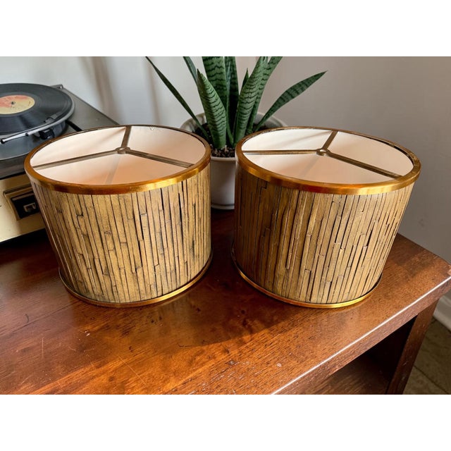 Vintage Mid Century Modern Split Bamboo Lamp Shades Pair-Brass-Tiki-Organic Modern-Tropical - a Pair For Sale - Image 11 of 11