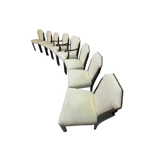 Art Deco Set of 8 Vintage Art Deco Style Dining Chairs in Ivory Suede-Like Upholstery & Dark Mahogany Frames For Sale - Image 3 of 18