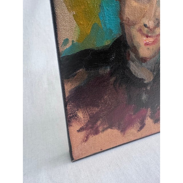 Vintage Mid Century Expressionist Male Portrait Original Oil Painting in Maroon, Ochre and Green For Sale - Image 4 of 12