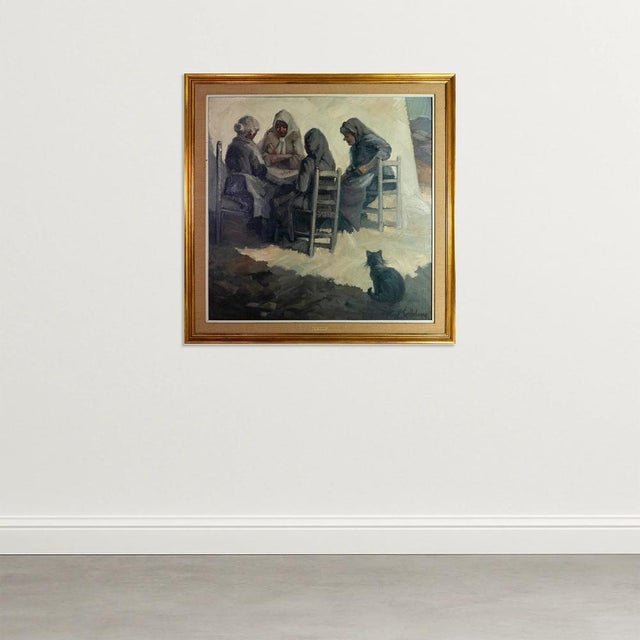 An evocative 1972 oil painting by Font Sellabona titled Les Velles de la Nostra Terra (“The Old Women of Our Land”). This...