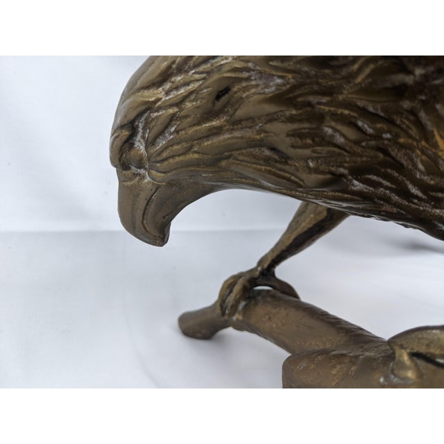 Vintage Solid Brass Eagle Sculpture on Branch Pedestal Base, 19" Wingspan For Sale In New York - Image 6 of 14