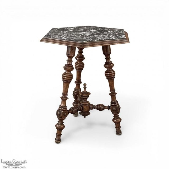 Mid 19th Century 19th Century French Henri II Walnut End Table With Hexagonal Marble Top For Sale - Image 5 of 14