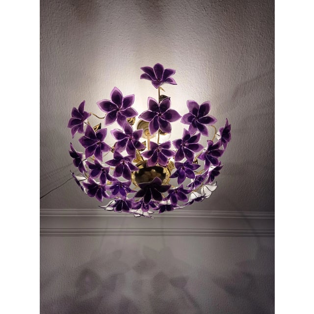 1970s Vintage 1970s Murano Purple Glass Semi-Flush Mount Calla Lily Hand Painted Chandelier For Sale - Image 5 of 12