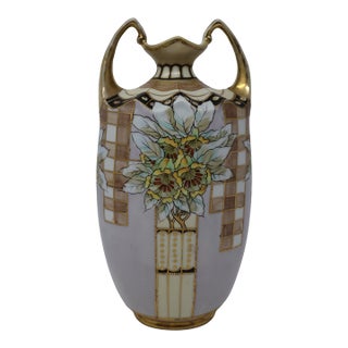 Antique Morimura Nippon Art Nouveau Floral Porcelain Vase With Raised Gilt Beading, Circa 1915 For Sale