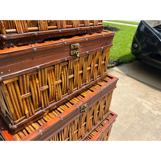 Boho Chic Vintage Split Reed Bamboo Nesting Boxes, Palm Beach Boho Style - 5 Pieces For Sale - Image 3 of 6