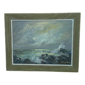 Mid 20th Century Mid-Century Modern Seascape of Crashing Waves and Seagull