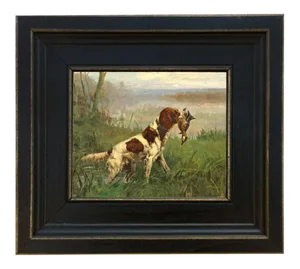 "Setter and a Ruddy Duck" Contemporary Reproduction Print on Canvas After Percival Rosseau, Framed 8-1/2" X 9-1/2"