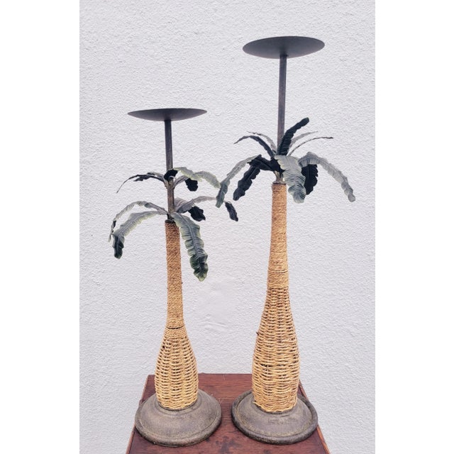 Wood Vintage Tole Tall Weaved Wicker Metal Palm Leaf Candle Stick Pillar Floor Candle Holders- a Pair For Sale - Image 7 of 8