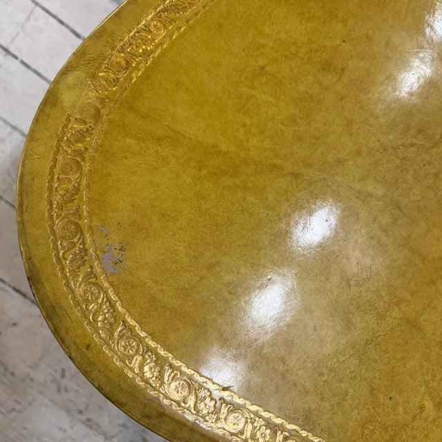 Wood European Yellow Leather Wrapped Dining Table with Gold Trim For Sale - Image 7 of 13