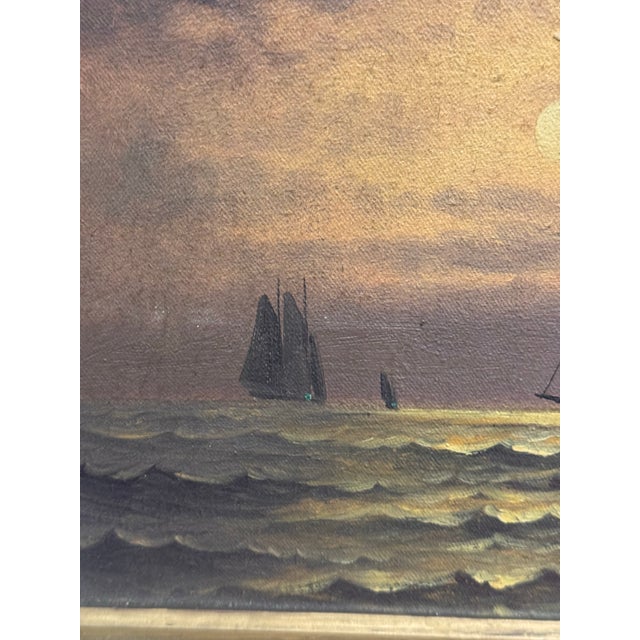 Late 20th Century Capella Signed Moonlit Sailboat Seascape Oil Painting For Sale - Image 5 of 12