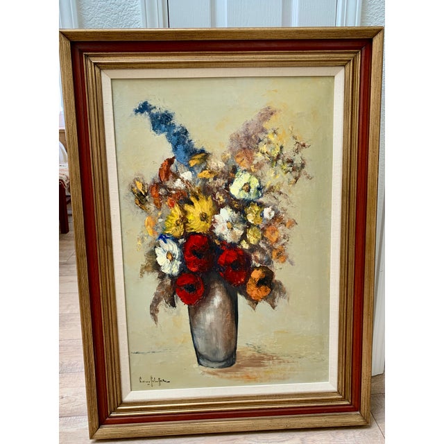 Midcentury Large Framed Mixed Bouquet Oil Painting For Sale - Image 9 of 11