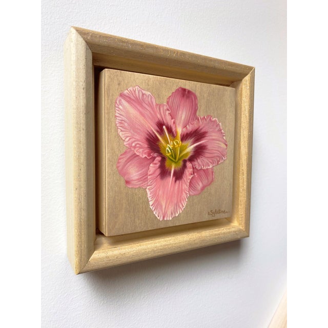 Hemerocallis II presents a delicate pink daylily, its intricate petals elegantly unfurling against a softly textured...