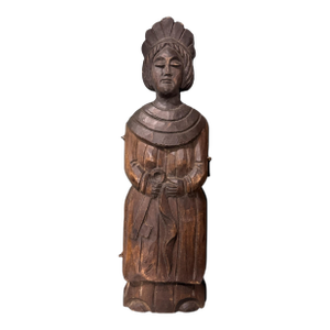 Primitive Antique Folk Art Figural Carved 15" Wooden Maiden Keepsake Key Cabinet