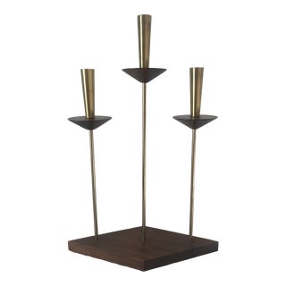 Vintage Mid Century Modern Teak Wood and Brass Triangle Atomic Candelabra For Sale