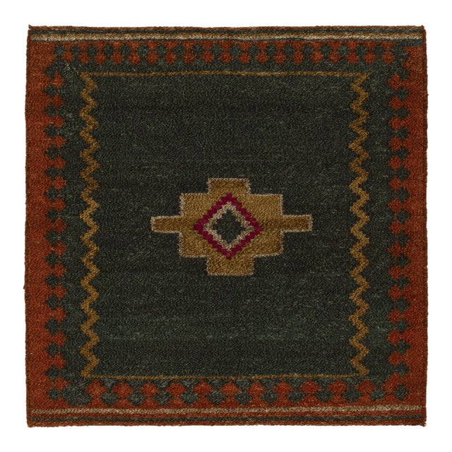 1950s Vintage Sofreh Kilim Rug in Green-Blue With Gold Tribal Medallion Pattern For Sale