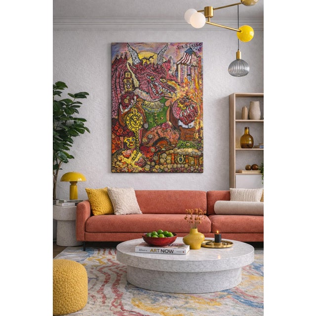 Original large mixed media acrylic painting on canvas by artist Serg Graff titled “The Dragon of Timely Gold.” The artwork...
