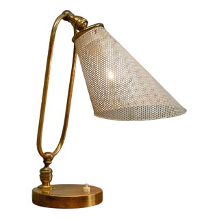 Vintage French Table Lamp in Patinated Brass and Perforated Metal by Mathieu Matégot, 1950s For Sale