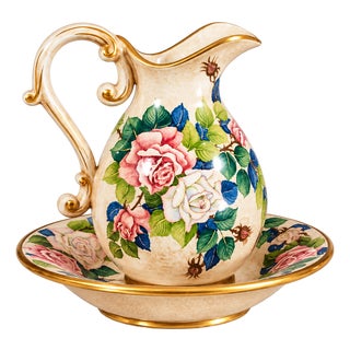 Italian Hand-Painted Rose Ceramic Pitcher & Basin Set With 24k Gold Accents For Sale