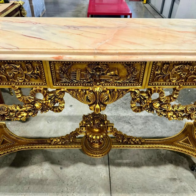 French Louis XVI Console Table – Marble Top With Elegant Gold Leaf Details For Sale - Image 4 of 11