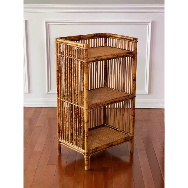 Contemporary 1970s Organic Modern Three-Tier Small Etagere in Burnt Bamboo and Rattan For Sale - Image 3 of 13